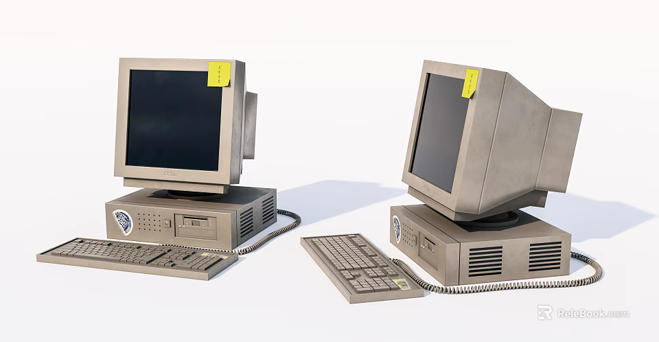Two Vintage Desktop Computers With Monitors CPUs Keyboards And Yellow Sticky Notes 3d model 