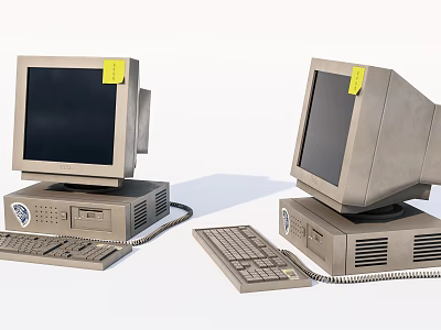 Two Vintage Desktop Computers With Monitors CPUs Keyboards And Yellow Sticky Notes 3d model