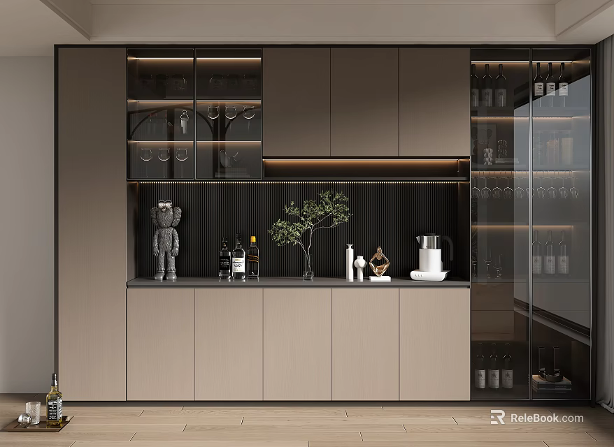 Modern Wine Cabinet Design With Glass Doors Interior Lighting And Wine Bottle Storage 3d model 