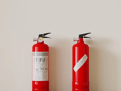 Two Red Wall Mounted Fire Extinguishers With Labels And Instructions 3d model