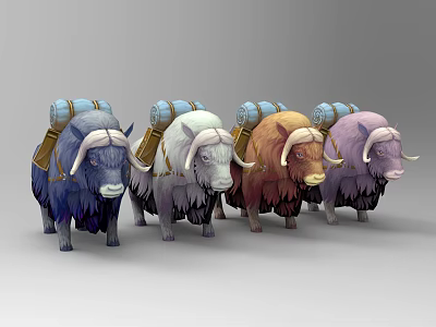 Four Colorful Yaks With Blue Saddle Packs And Varied Fur Colors 3d model