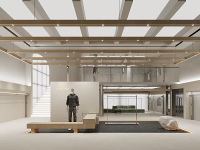 LIVVAN Modern Clothing Store Interior With Display Mannequin Bench And Green Plant 3d model