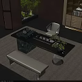 Modern Tea Table With Black Top Green Marble Base White Chair Bench And Tea Set