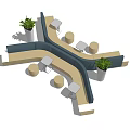 Modern Public Chairs With Curved Design Blue And Beige Upholstery Potted Plants And Small Tables