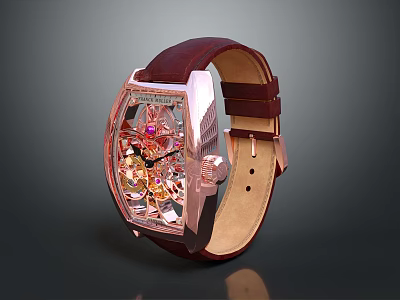Exquisite Luxury Watch With Crimson Leather Strap And Rose Gold Case Transparent Dial Mechanical Movement 3d model