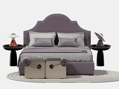Modern Kids Bed With Purple Headboard Striped Bedspread Pillows Bedside Tables Lamps And Storage Boxes 3d model