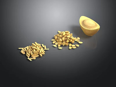 Golden Carved Sculptures in Various Shapes Including Ingot Container Granules and Sticks on Dark Background 3d model
