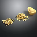 Golden Carved Sculptures in Various Shapes Including Ingot Container Granules and Sticks on Dark Background