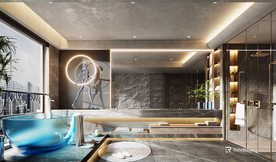 Modern Bathroom Interior Design With Marble Wall Blue Bathtub Round Mirror Plants And Lighting Strips 3d model 