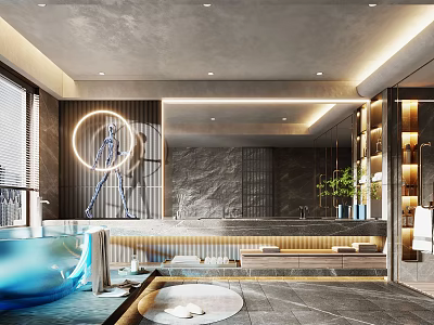 Modern Bathroom Interior Design With Marble Wall Blue Bathtub Round Mirror Plants And Lighting Strips 3d model