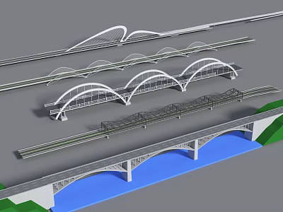 Landscape Bridge With Multiple Arched Structures Modern Designs Over River And Green Surroundings 3d model