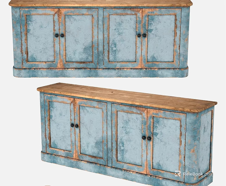 Vintage Distressed Blue Console Table And Side Cabinet With Wooden Top And Black Handles 3d model 