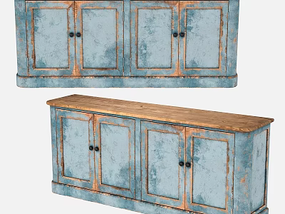 Vintage Distressed Blue Console Table And Side Cabinet With Wooden Top And Black Handles 3d model