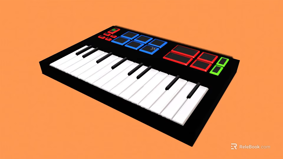 Colorful Electronic Keyboard With Red Blue Green Black Buttons White Black Keys On Orange Background 3d model 