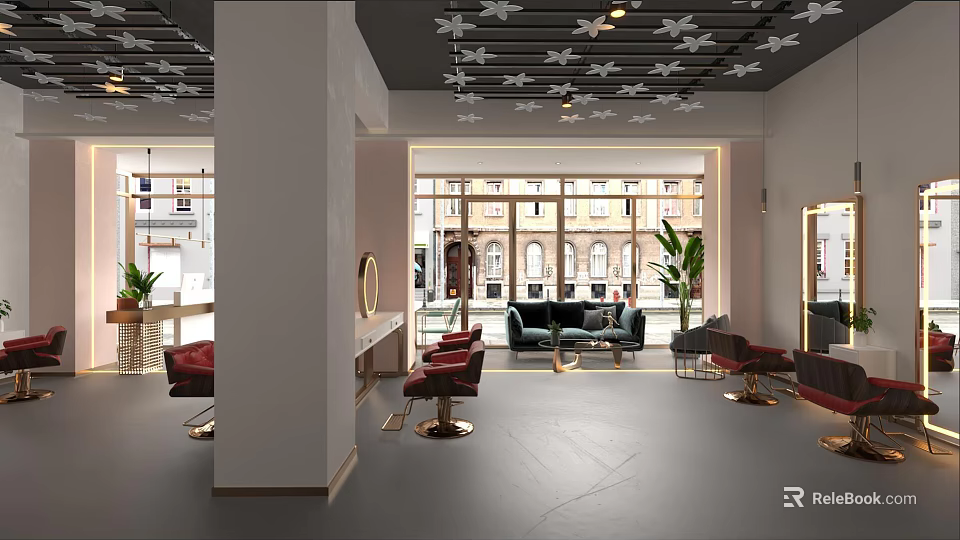 Stylish Hair Salon Interior With Red Barber Chairs Mirrors Green Plants And Decorative Ceiling 3d model 