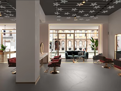 Stylish Hair Salon Interior With Red Barber Chairs Mirrors Green Plants And Decorative Ceiling 3d model