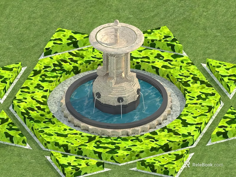 Geometric Garden Ornament With Central Fountain And Green Hedges On Lawn 3d model 
