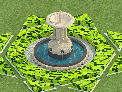 Geometric Garden Ornament With Central Fountain And Green Hedges On Lawn 3d model