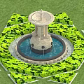 Geometric Garden Ornament With Central Fountain And Green Hedges On Lawn