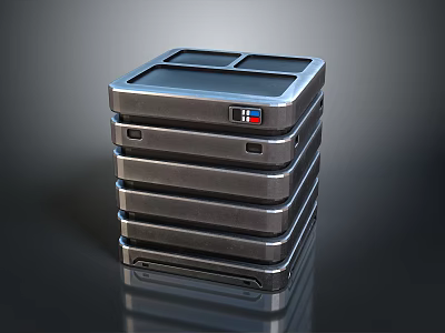 Stacked Industrial Metal Storage Boxes With Shiny Surface And Brand Logo 3d model