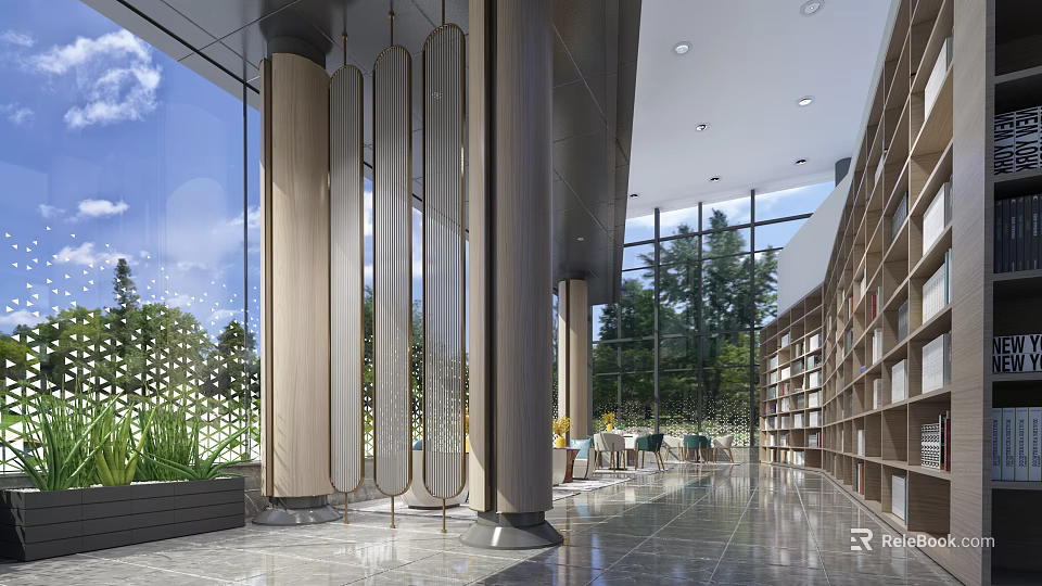 Elegant Modern Lounge Area With Floor to Ceiling Windows Green Plants And Comfortable Seats 3d model 