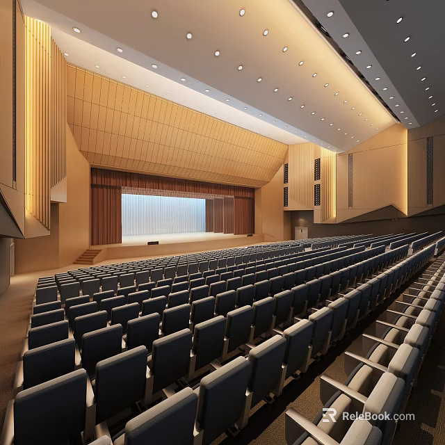 Spacious Modern Conference Room With Rows of Seats Stage and Wooden Walls 3d model 