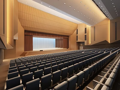Spacious Modern Conference Room With Rows of Seats Stage and Wooden Walls 3d model