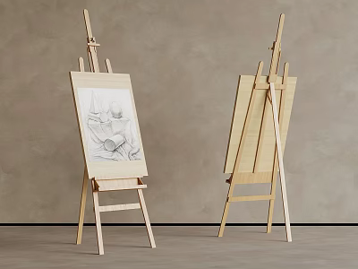 Two Wooden Easels One With Sketch Drawing Against Light Brown Wall And Gray Floor 3d model