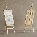 Two Wooden Easels One With Sketch Drawing Against Light Brown Wall And Gray Floor