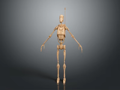 Wooden Mechanical Robot Figure With Skeleton Structure Slender Limbs And Head Antenna 3d model