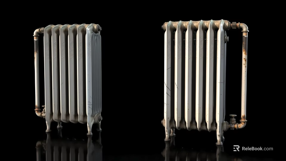 Two Vintage Radiators One White Clean And One Rusty Old On Black Reflective Surface 3d model 