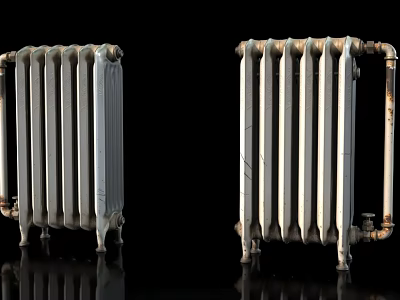 Two Vintage Radiators One White Clean And One Rusty Old On Black Reflective Surface 3d model