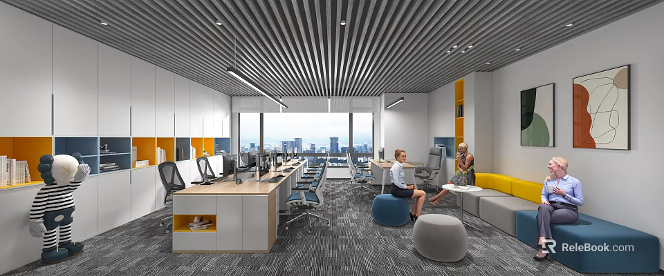 Modern Public Office Space With Open Layout Long Workstations City View Windows And Yellow Lounge Area 3d model 
