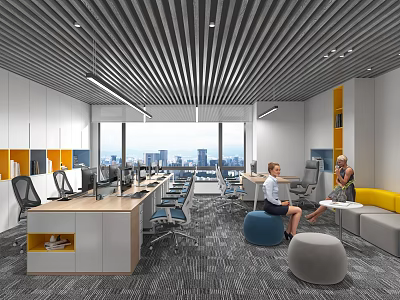 Modern Public Office Space With Open Layout Long Workstations City View Windows And Yellow Lounge Area 3d model