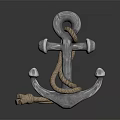 Silver Metal Anchor With Coiled Rope On Black Background And Reflection 3d model