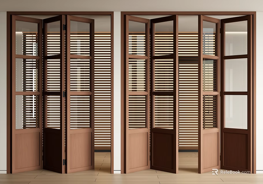 Open Wooden Folding Doors With Glass Panels And Louvered Design For Interior Space 3d model 