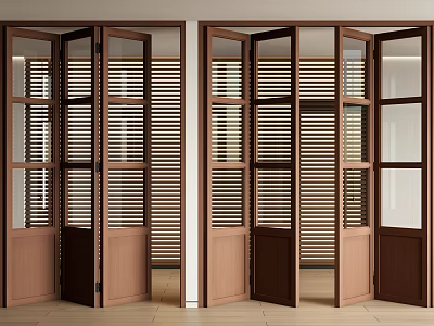 Open Wooden Folding Doors With Glass Panels And Louvered Design For Interior Space 3d model