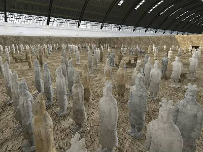 Numerous Terracotta Warriors Standing Arranged In Indoor Exhibition Hall Ground 3d model
