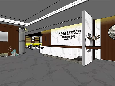 Modern Front Desk Reception Interior With Marble Countertop Wooden Decor And Company Logo 3d model