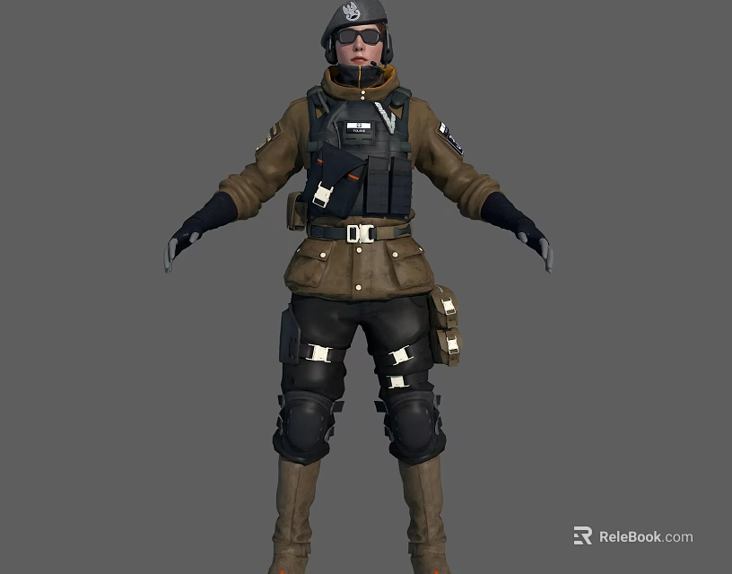 Woman Wearing Tactical Brown Coat Black Vest Kneepads Gloves And Boots 3d model 