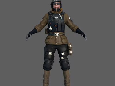 Woman Wearing Tactical Brown Coat Black Vest Kneepads Gloves And Boots 3d model