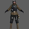 Woman Wearing Tactical Brown Coat Black Vest Kneepads Gloves And Boots