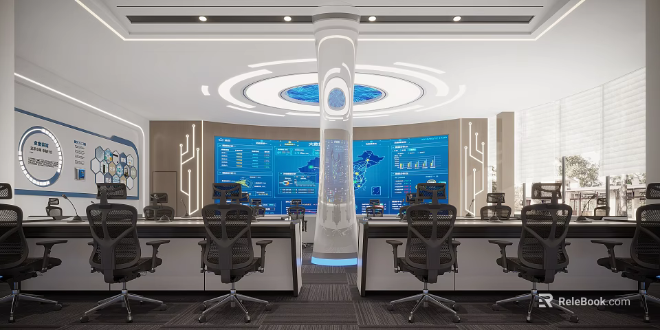 Modern Control Room Interior With Large Screens Control Consoles And Office Chairs 3d model 