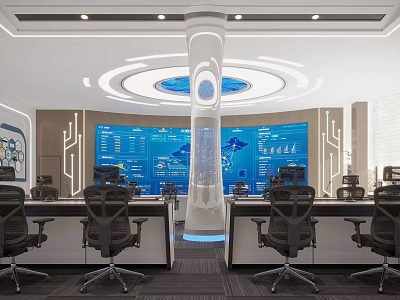 Modern Control Room Interior With Large Screens Control Consoles And Office Chairs 3d model