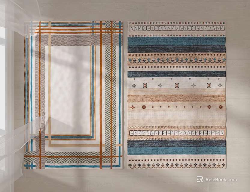 Modern Square Rugs With Geometric Patterns Blue Beige Brown Border Designs 3d model