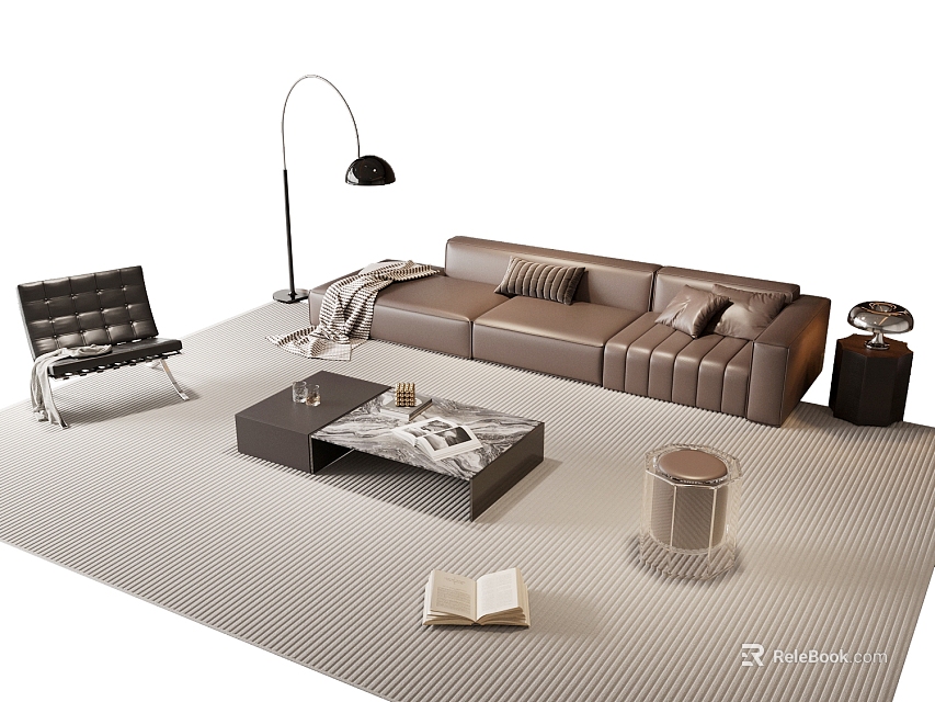 Modern Brown Sofa Set with Black Chair Floor Lamp Coffee Table and Rug 3d model 