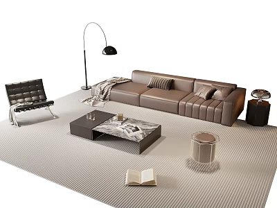 Modern Brown Sofa Set with Black Chair Floor Lamp Coffee Table and Rug 3d model
