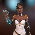 Woman Wearing White Black Outfit With Gold Accents Holding Green Item On Blue Glowing Circle