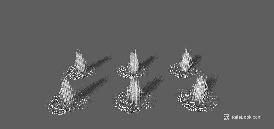 Six Fountains with Slender Water Columns Base Splashing Water Effects Symmetrically Arranged on Gray Background 3d model 