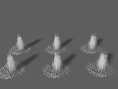 Six Fountains with Slender Water Columns Base Splashing Water Effects Symmetrically Arranged on Gray Background 3d model